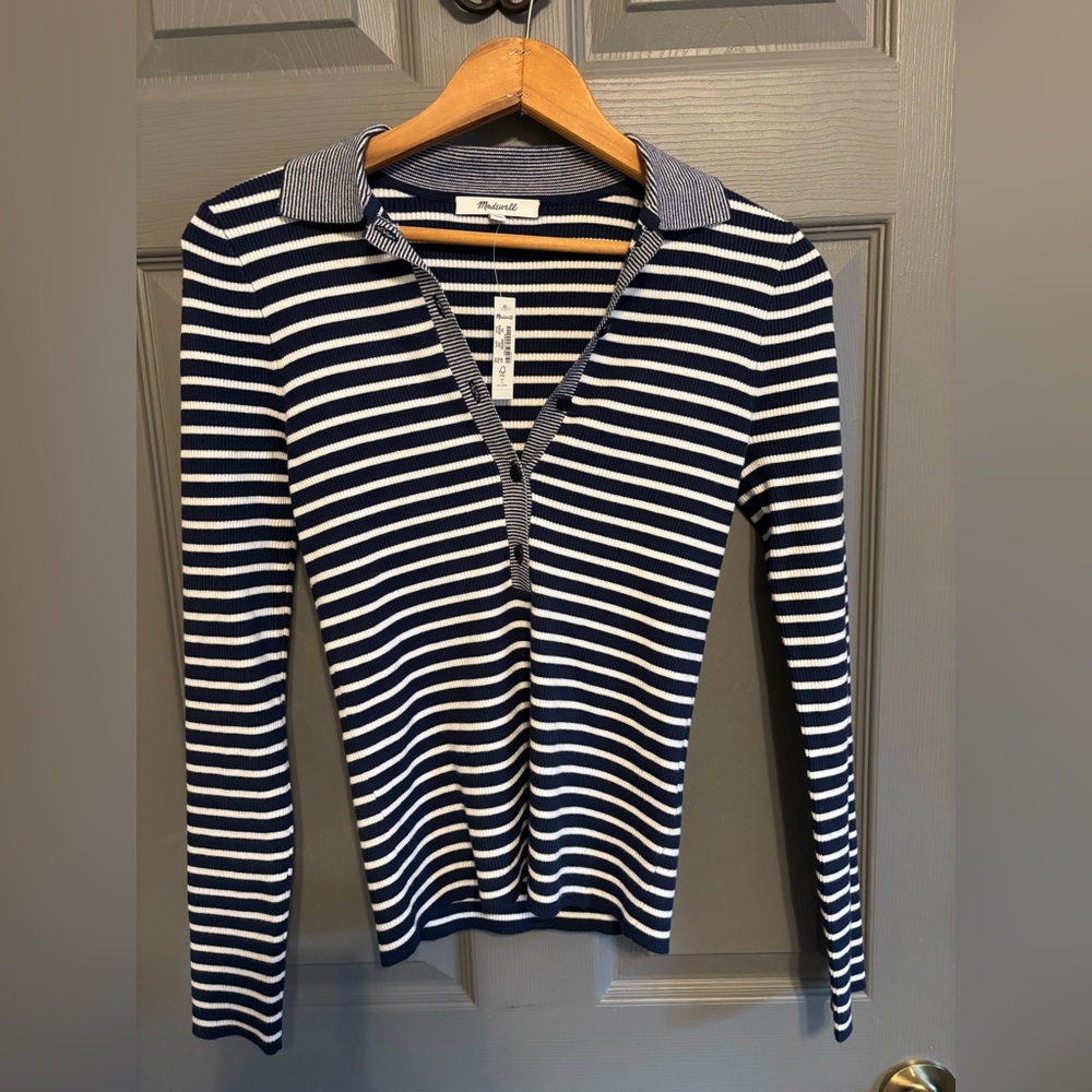 DONATING 8/31 NWT Madewell Navy and White Striped Collar Polo Henley Shirt XS